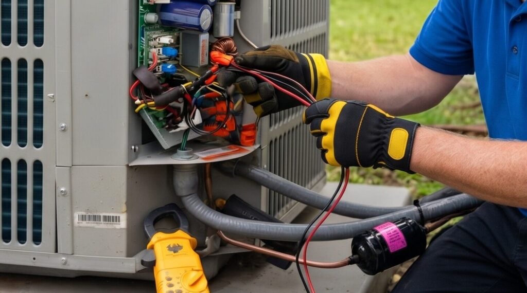 - Happy Home Services | Durham, NC HVAC technician in a blue polo with gloves repairs wiring inside an outdoor air conditioner unit with the panel open.