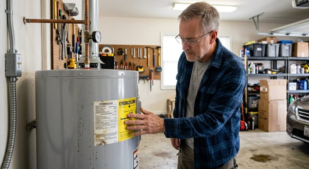 - Happy Home Services | Durham, NC man inspecting a water heater sticker